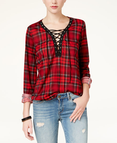 Polly Esther Juniors Lace Up Plaid Top
